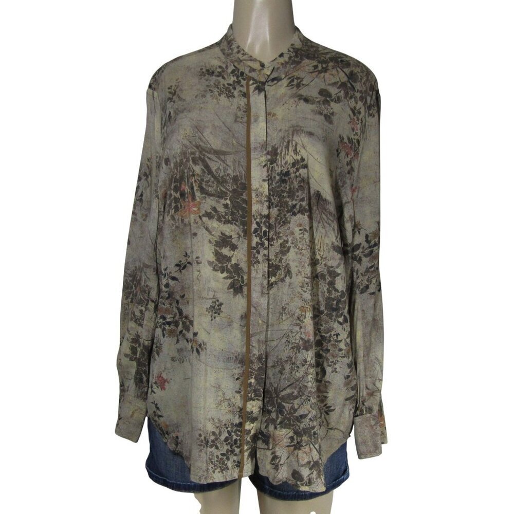 PERUVIAN CONNECTION Brown Asian Floral Mandarin Luxury Career Blouse Top L
